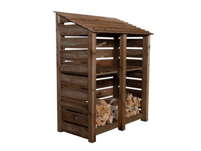 Slatted wooden log store with kindling shelf W-146cm, H-180cm, D-88cm - brown finish