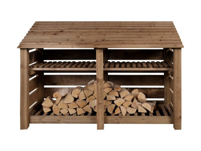 Slatted wooden log store with kindling shelf W-187cm, H-126cm, D-88cm - brown finish