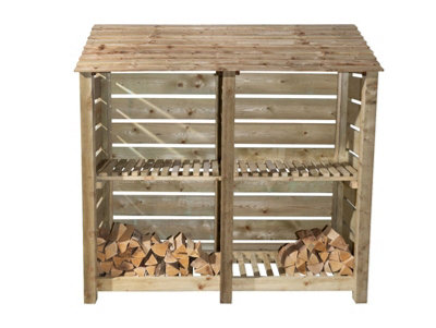 Slatted wooden log store with kindling shelf W-187cm, H-180cm, D-88cm - natural (light green) finish