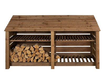 Slatted wooden log store with kindling shelf W-227cm, H-126cm, D-88cm - brown finish