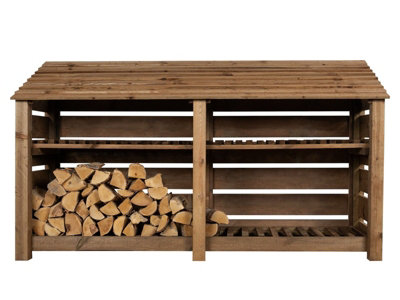 Slatted wooden log store with kindling shelf W-227cm, H-126cm, D-88cm - brown finish