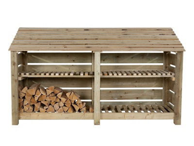 Slatted wooden log store with kindling shelf W-227cm, H-126cm, D-88cm - natural (light green) finish