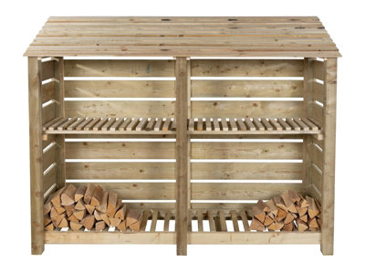 Slatted wooden log store with kindling shelf W-227cm, H-180cm, D-88cm - natural (light green) finish