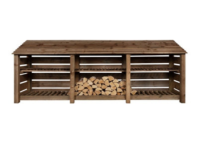 Slatted wooden log store with kindling shelf W-335cm, H-126cm, D-88cm - brown finish