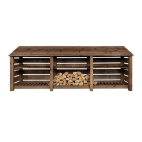 Slatted wooden log store with kindling shelf W-335cm, H-126cm, D-88cm - brown finish