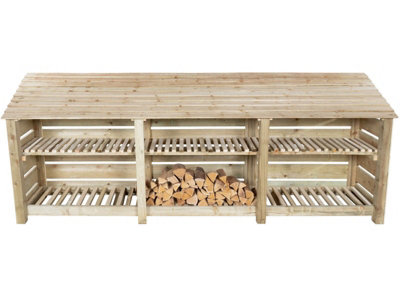 Slatted wooden log store with kindling shelf W-335cm, H-126cm, D-88cm - natural (light green) finish