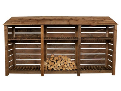 Slatted wooden log store with kindling shelf W-335cm, H-180cm, D-88cm - brown finish