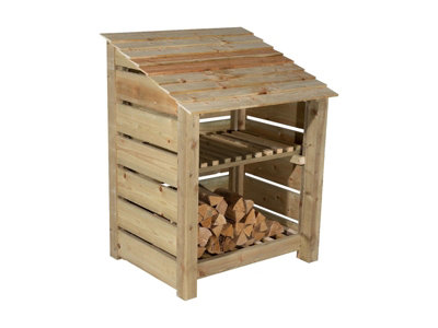 Slatted wooden log store with kindling shelf W-99cm, H-126cm, D-88cm - natural (light green) finish