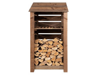 Slatted wooden log store with kindling shelf W-99cm, H-180cm, D-88cm - brown finish