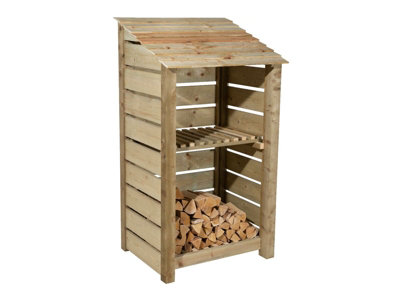 Slatted wooden log store with kindling shelf W-99cm, H-180cm, D-88cm - natural (light green) finish