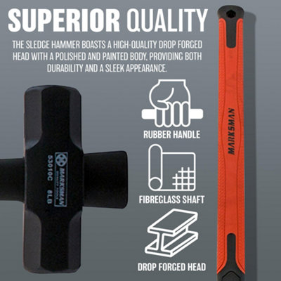 Sledge Hammer Long Handle Grip With Fibreglass Rubber Shaft Diy Hardware 8lb - 7