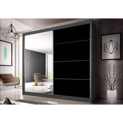 Sleek Black Gloss Front & Graphite Carcass Wardrobe W183cm H218cm D61cm with Modern Sliding Doors