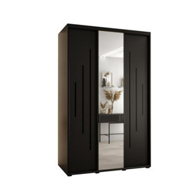 Sleek Black Mirrored Cannes XIII Sliding Wardrobe H2050mm W1500mm D600mm with Custom Black Steel Handles and Decorative Strips