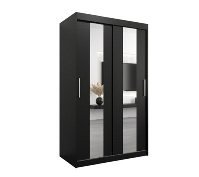 Sleek Black Pole Sliding Door Wardrobe W1200mm H2000mm D620mm Mirrored Contemporary Storage Solution