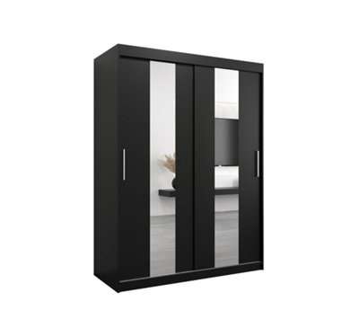 Sleek Black Pole Sliding Door Wardrobe W1500mm H2000mm D620mm Mirrored Contemporary Storage Solution