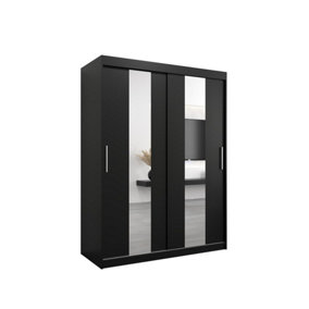 Sleek Black Pole Sliding Door Wardrobe W1500mm H2000mm D620mm Mirrored Contemporary Storage Solution