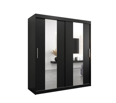 Sleek Black Pole Sliding Door Wardrobe W1800mm H2000mm D620mm Mirrored Contemporary Storage Solution