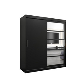 Sleek Black Roma I Sliding Door Wardrobe W1800mm H2000mm D620mm Mirrored Vertical Handles Contemporary Storage Solution