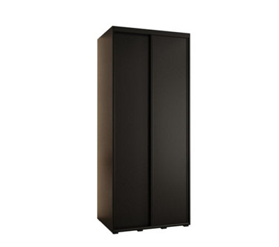 Sleek Black Sliding Door Wardrobe H2050mm W1000mm D600mm with Black Steel Handles and Decorative Strips