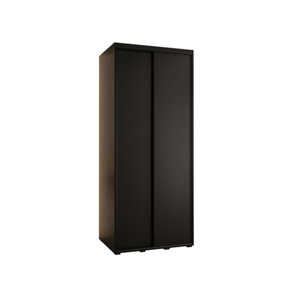 Sleek Black Sliding Door Wardrobe H2050mm W1000mm D600mm with Black Steel Handles and Decorative Strips
