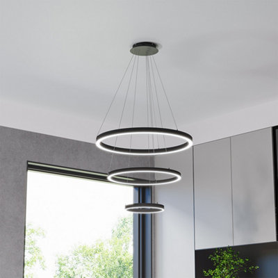 Sleek Black Triple-Ring LED Pendant Light, Adjustable Aluminum Hanging ...
