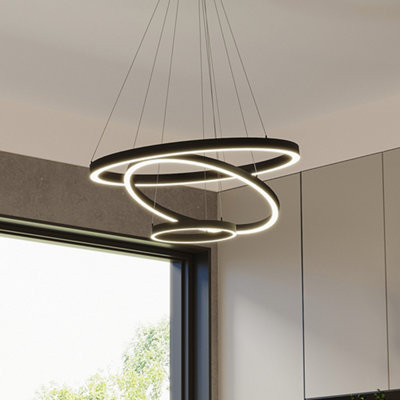Sleek Black Triple-Ring LED Pendant Light, Adjustable Aluminum Hanging ...