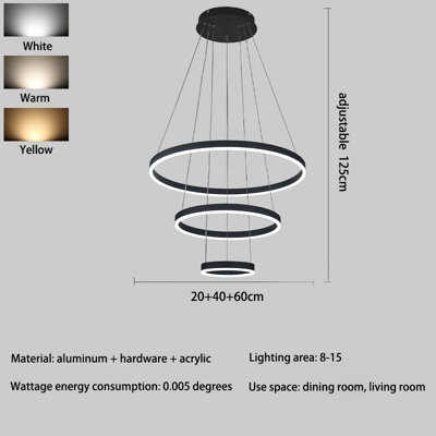Sleek Black Triple-Ring LED Pendant Light, Adjustable Aluminum Hanging ...