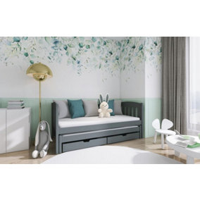 Sleek Graphite Double Bed with Trundle & Storage - Space-Saving Solution (H750mm W1980mm D970mm)