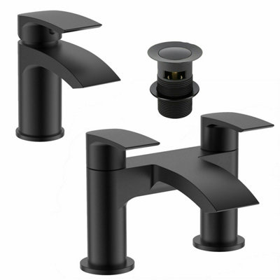 Sleek Matt Black Waterfall Bath Filler & Basin Mixer Tap Solid Brass