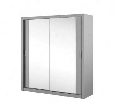 Sleek Mirrored Sliding Door Wardrobe with Shelves and Hanging Rail in Grey  - Comprehensive Storage H2150mm x W2000mm x D600mm
