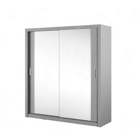 Sleek Mirrored Sliding Door Wardrobe with Shelves and Hanging Rail in Grey  - Comprehensive Storage H2150mm x W2000mm x D600mm