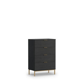 Sleek Pula Chest of Drawers 70cm - Modern Black Portland Ash with Gold Accents - W700mm x H1040mm x D410mm