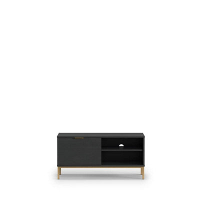Sleek Pula TV Cabinet 101cm - Compact Black Portland Ash with Gold Detailing - W1010mm x H500mm x D410mm