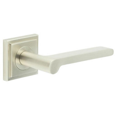 Sleek Satin Nickel Door Handle with Square Stepped Rose Design - Solid Brass Interior Handle