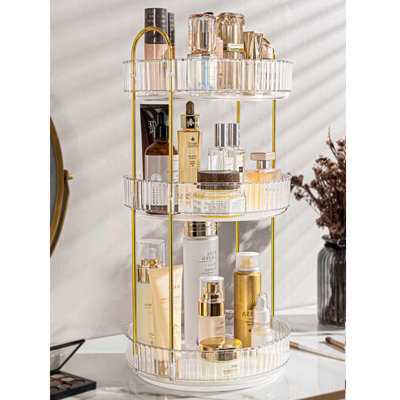 Sleek Three-Layer Gold Makeup Organizer with 360-Degree Rotation