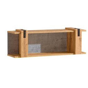 Sleek Urban Wall Shelf - Lofter, Oak Wotan & Concrete, H296mm W1000mm D237mm