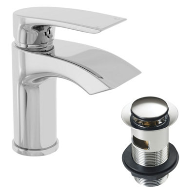 Sleek Waterfall Basin Sink Mixer Tap & Slotted Basin Waste Chrome