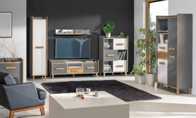 Sleek Werso W7 TV Cabinet: Anthracite & Oak, H572mm W1600mm D420mm