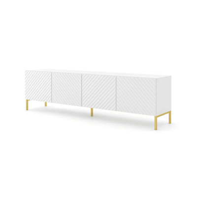 Sleek White Surf TV Cabinet with Gold Legs (W)200cm (H)56cm (D)42cm - Elegant & Handle-Free