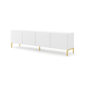 Sleek White Surf TV Cabinet with Gold Legs (W)200cm (H)56cm (D)42cm - Elegant & Handle-Free