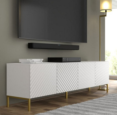 Sleek White Surf TV Cabinet with Gold Legs (W)200cm (H)56cm (D)42cm - Elegant & Handle-Free