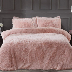 Sleepdown Blush Pink Shaggy Faux Fur Long Pile Fleece Duvet Quilt Cover Set Thermal Bedding Single