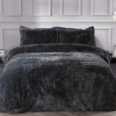 Sleepdown Charcoal Shaggy Faux Fur Long Pile Fleece Duvet Quilt Cover Set Thermal Bedding Single