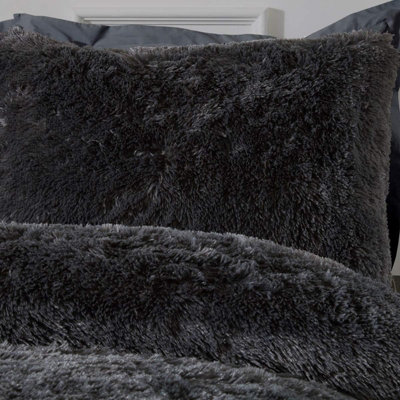 Sleepdown Charcoal Shaggy Faux Fur Long Pile Fleece Duvet Quilt Cover Set Thermal Bedding Single