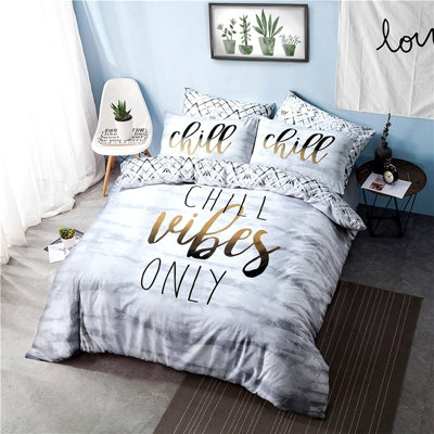 Sleepdown Chill Vibes Only Slogan Waves Duvet Set Quilt Cover Polycotton Bedding King Size