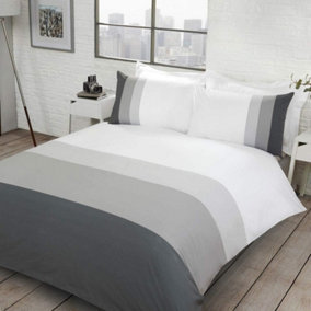 Sleepdown Colour Block Grey Stripe Reversible Duvet Set Bed Quilt Cover Bedding Super king