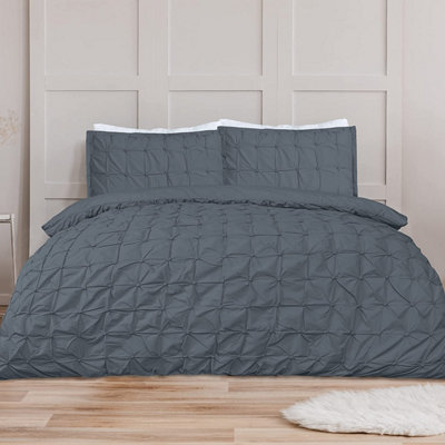 Sleepdown Geometric Rouched Pleat Ruched Pintuck Duvet Set Quilt Cover Bedding Charcoal Double