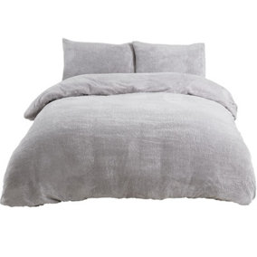 Sleepdown Grey Teddy Fleece Duvet Bed Quilt Cover With Pillow Case Set Bedding King