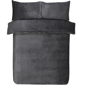 Sleepdown Grey Waffle Teddy Fleece Duvet Quilt Cover Pillowcase Set Thermal Bedding Single