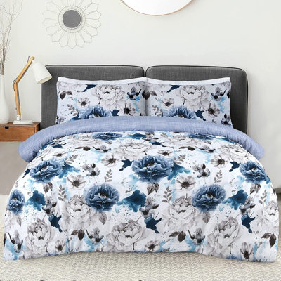 Sleepdown Inky Floral Blue Duvet Set Quilt Cover Reversible Polycotton Bedding Double